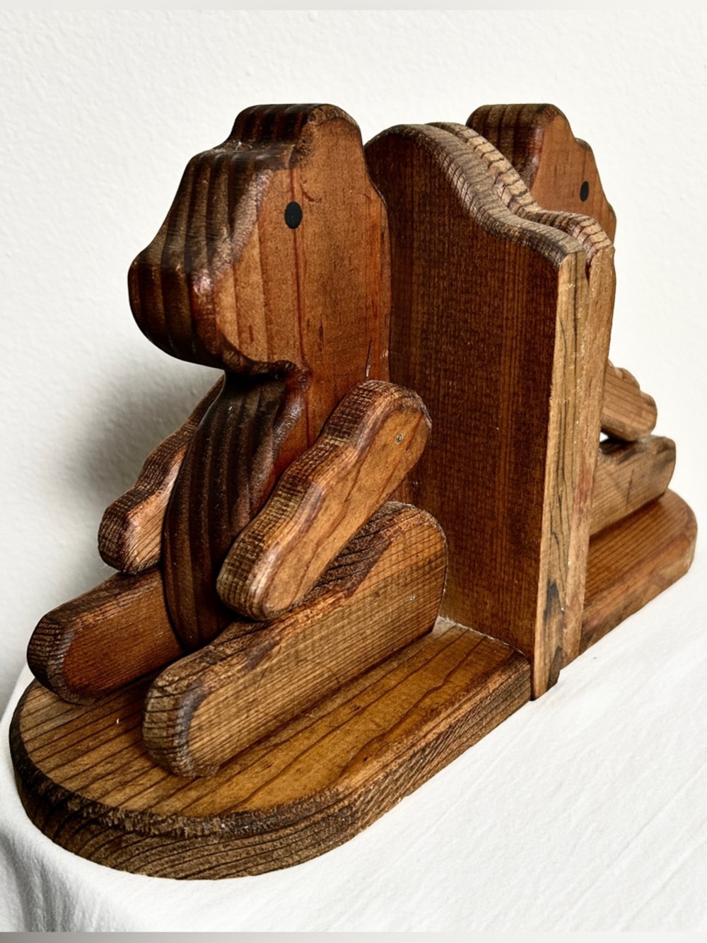 VTG Handcarved Teddy Bear Wooden Bookends Whimsical Cottagecore Storybook